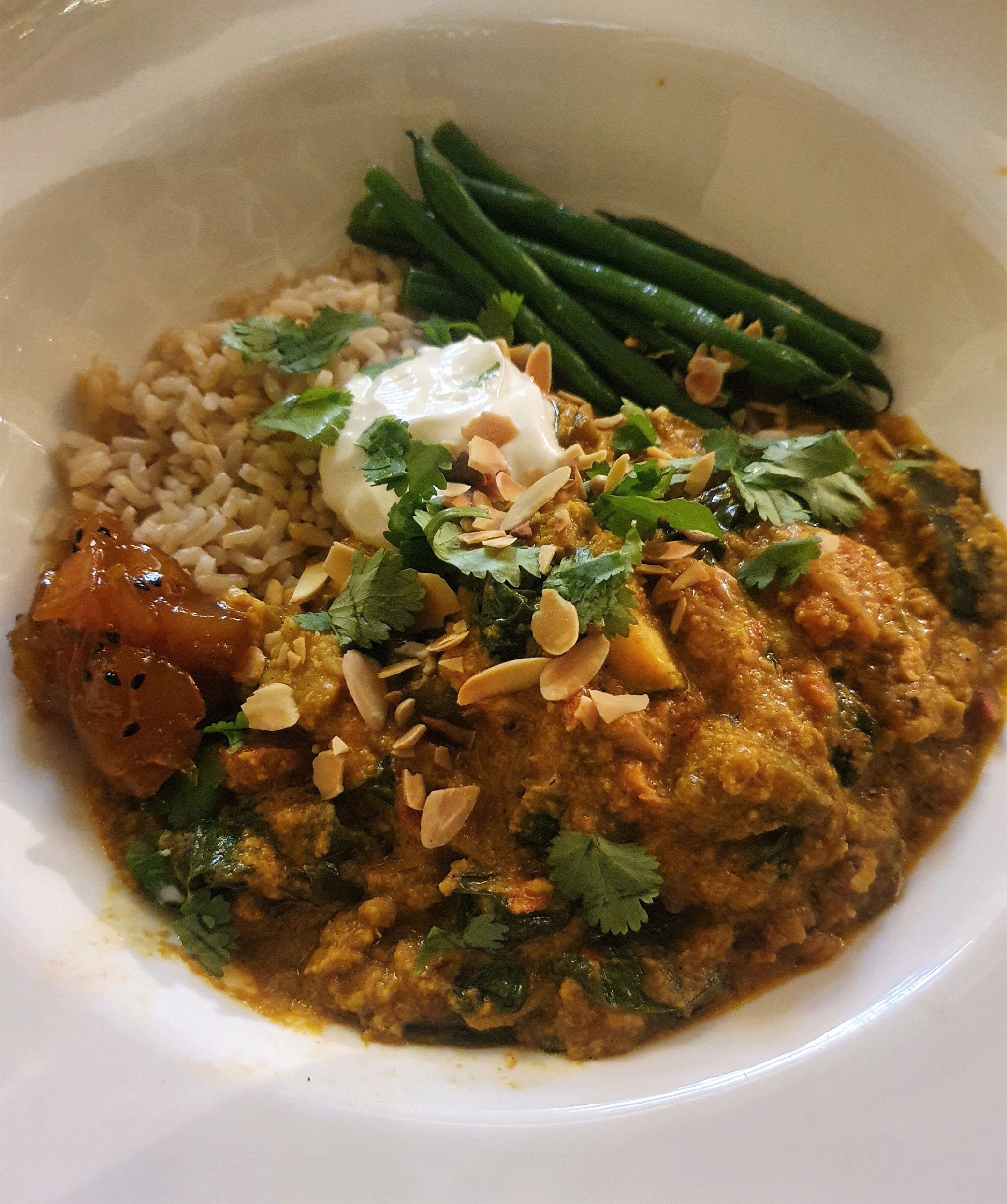 Aromatic chicken, aubergine & almond curry with green beans and greek yoghurt