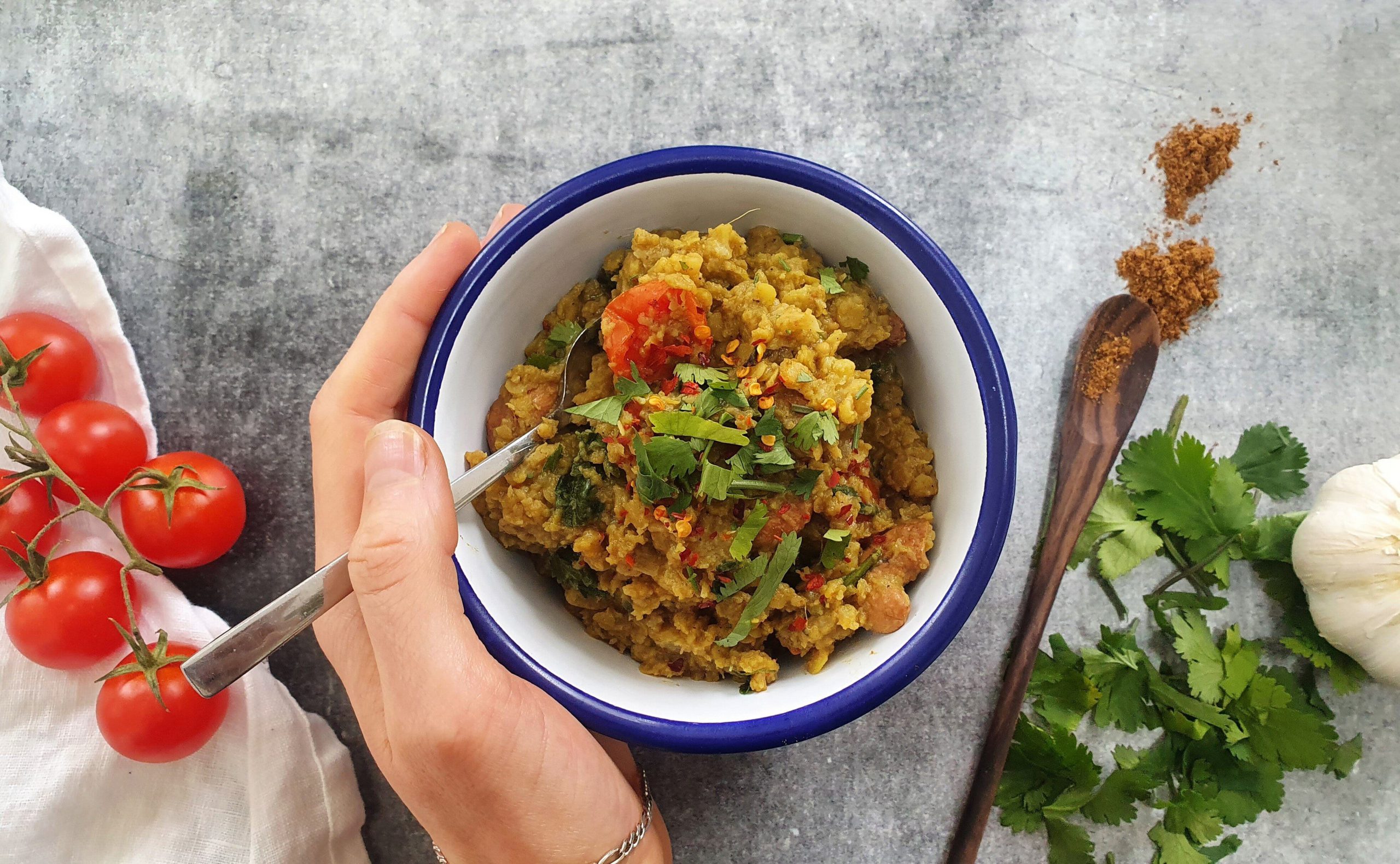 One-pot cauliflower & cashew dahl with spinach and green garbanzo beans