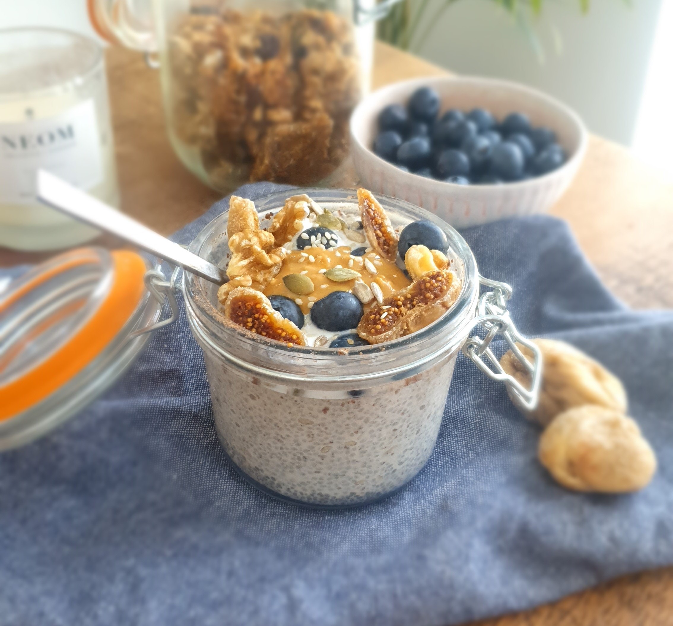 Protein-packed chia & flaxseed breakfast pot with homemade almond & pumpkin seed butter