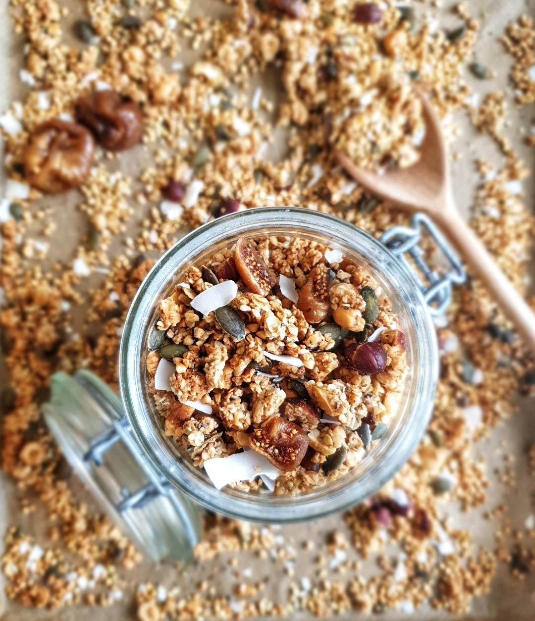 Chunky nut butter granola with dried figs & coconut flakes