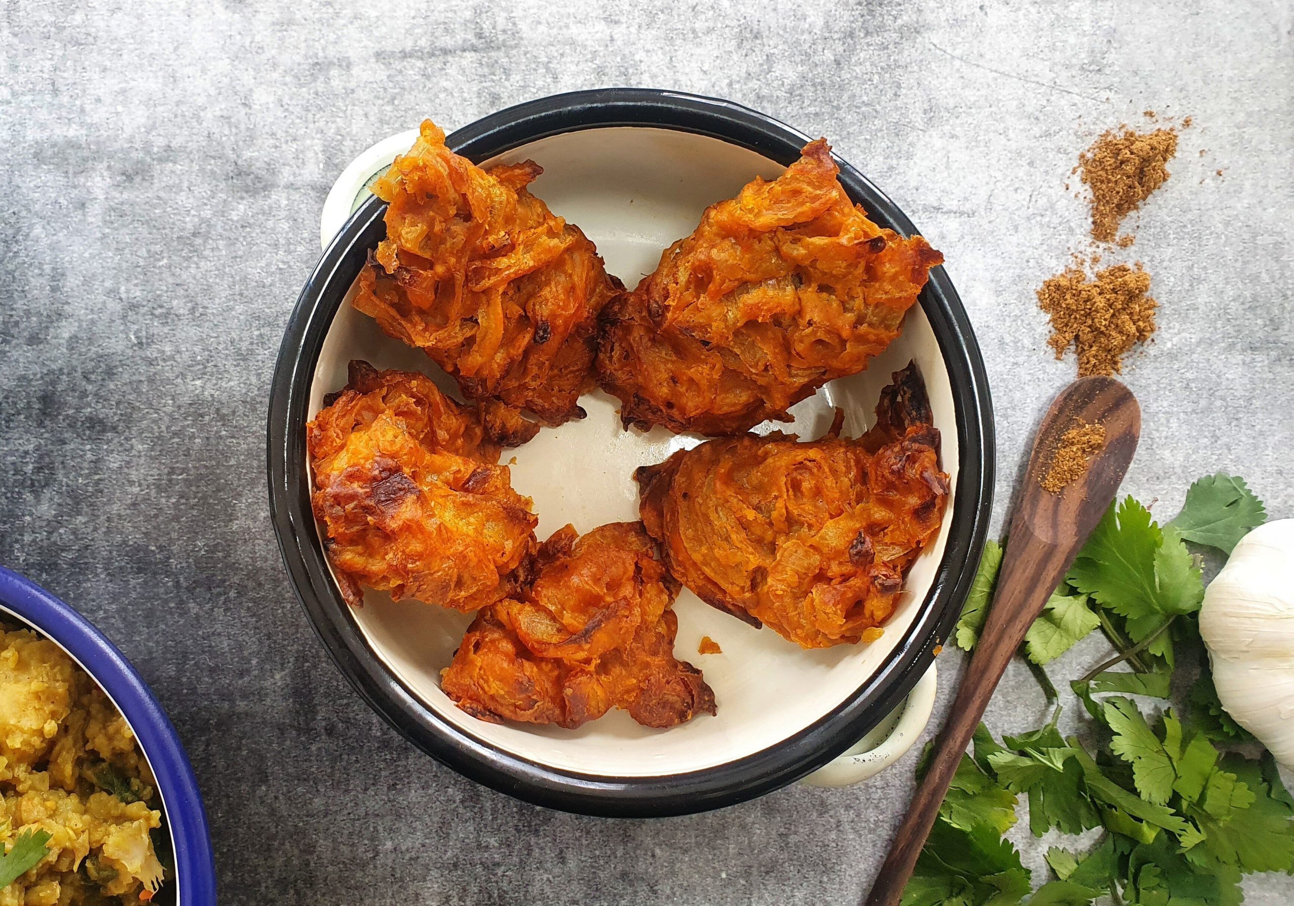 Baked cumin, ginger & turmeric onion bhajis