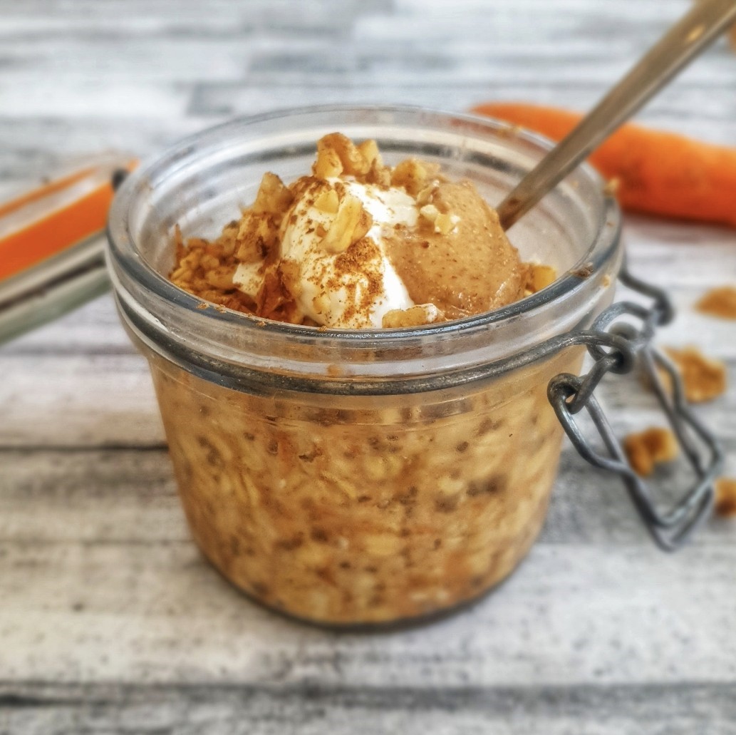 Gut-loving carrot cake overnight oats with toasted walnuts & greek yoghurt