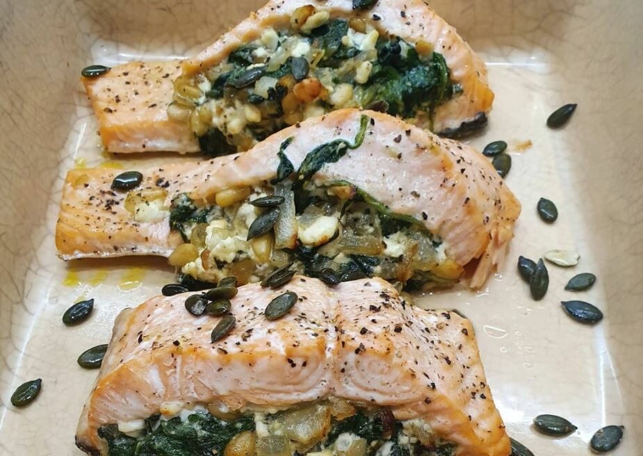 Spring salmon stuffed with spinach, feta, red onion & pine nuts