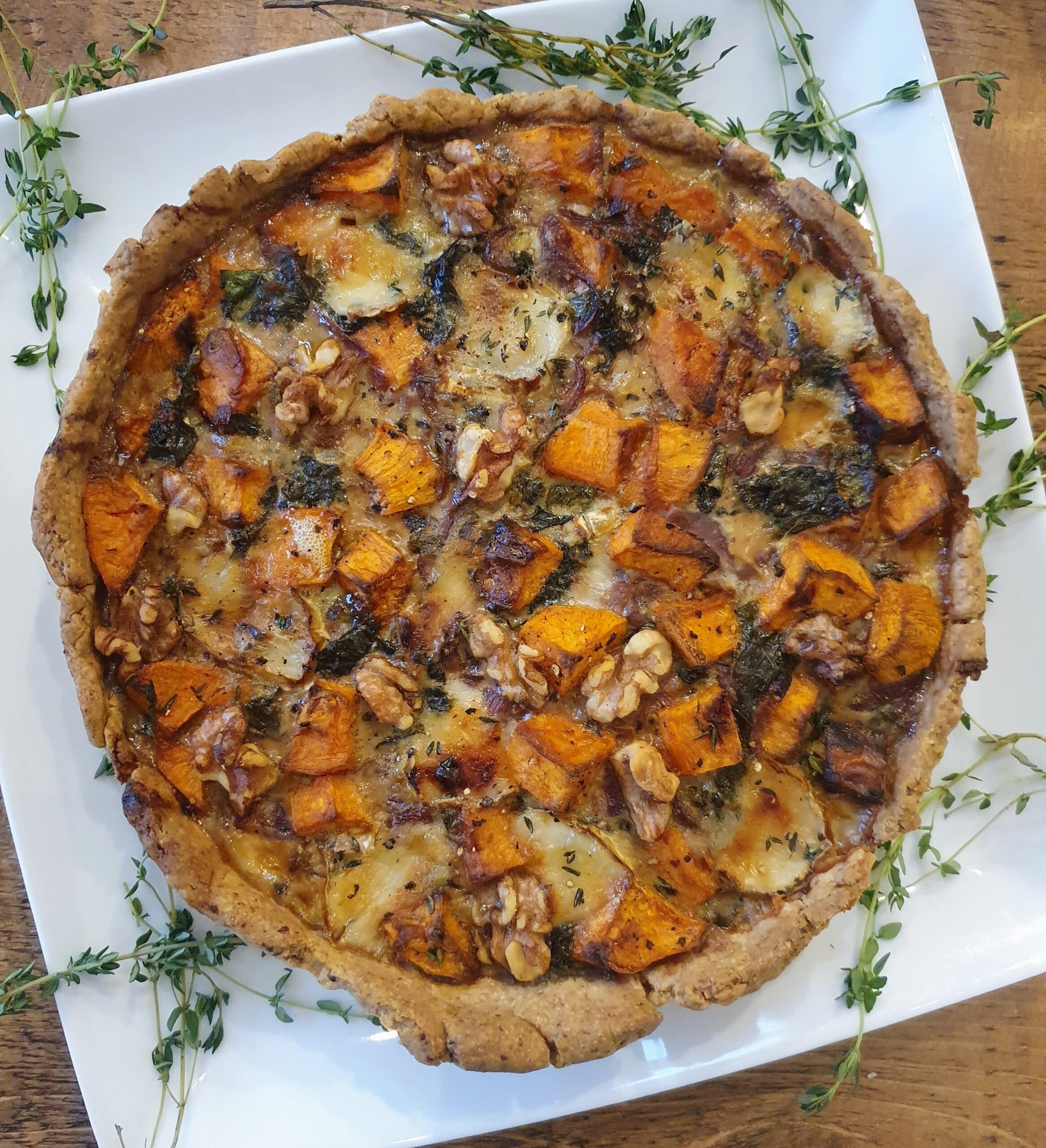 Sweet potato, caramelised onion, walnut & goats cheese tart