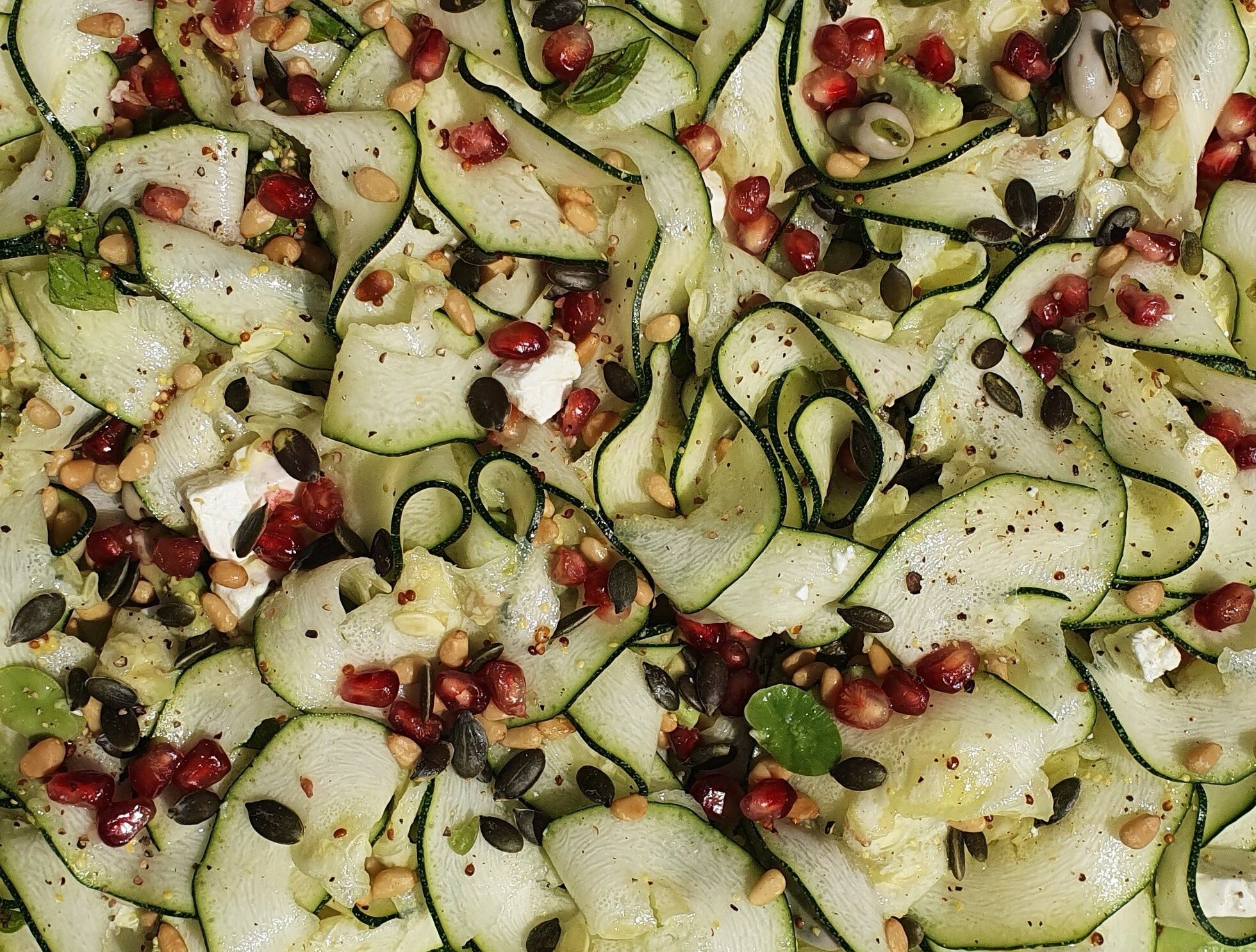 Beetroot, spinach, feta & walnut tart with zucchini ribbon salad