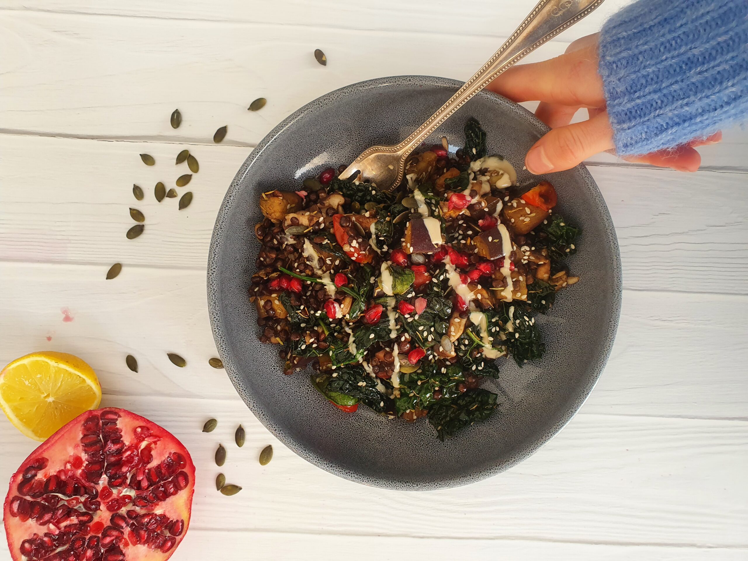 Sautéed aubergine, mushroom & kale with balsamic & tahini lentils