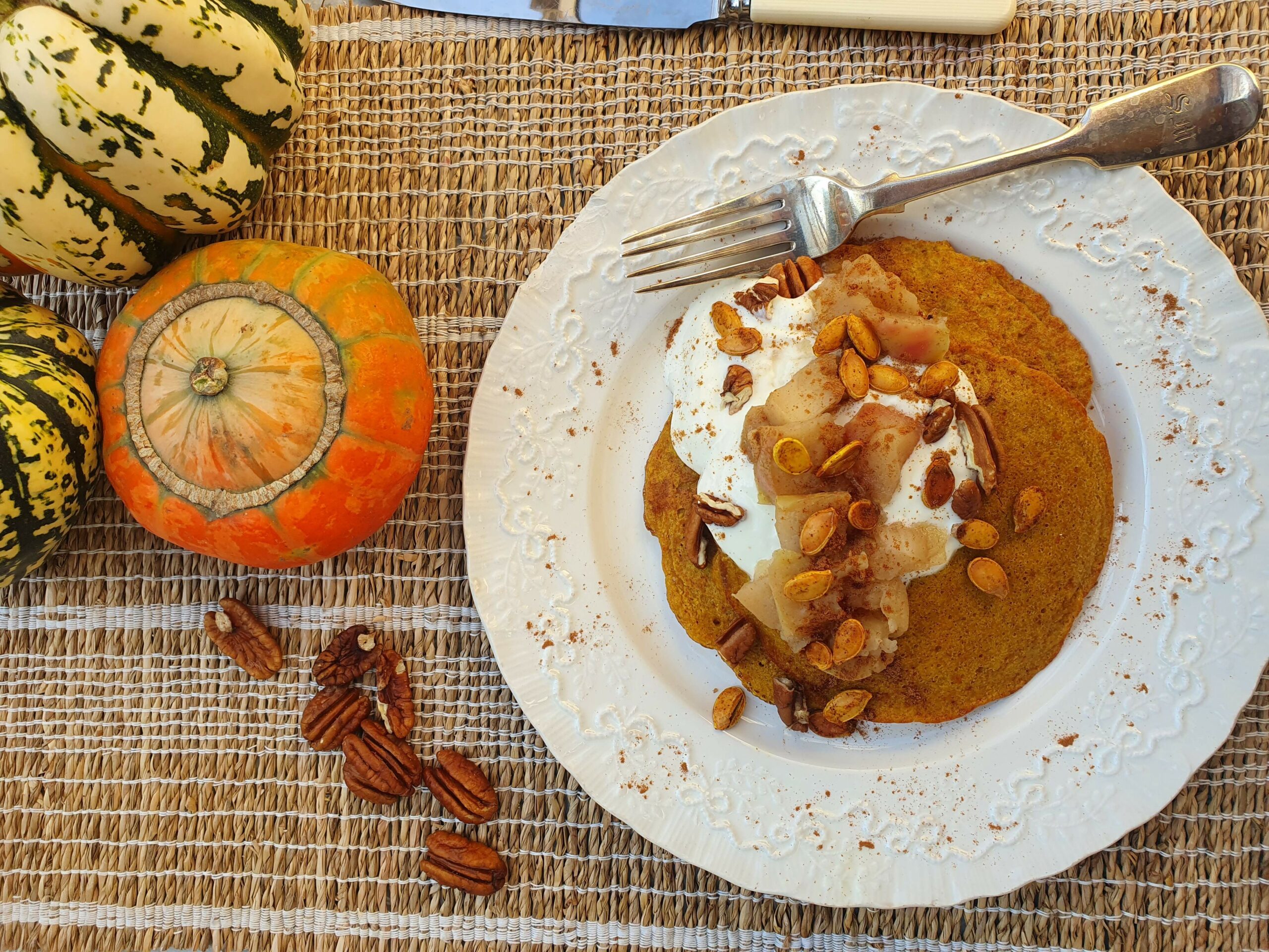 Autumnal Pumpkin Pancakes With Stewed Apple, Greek Yoghurt, Pecans & Maple Syrup