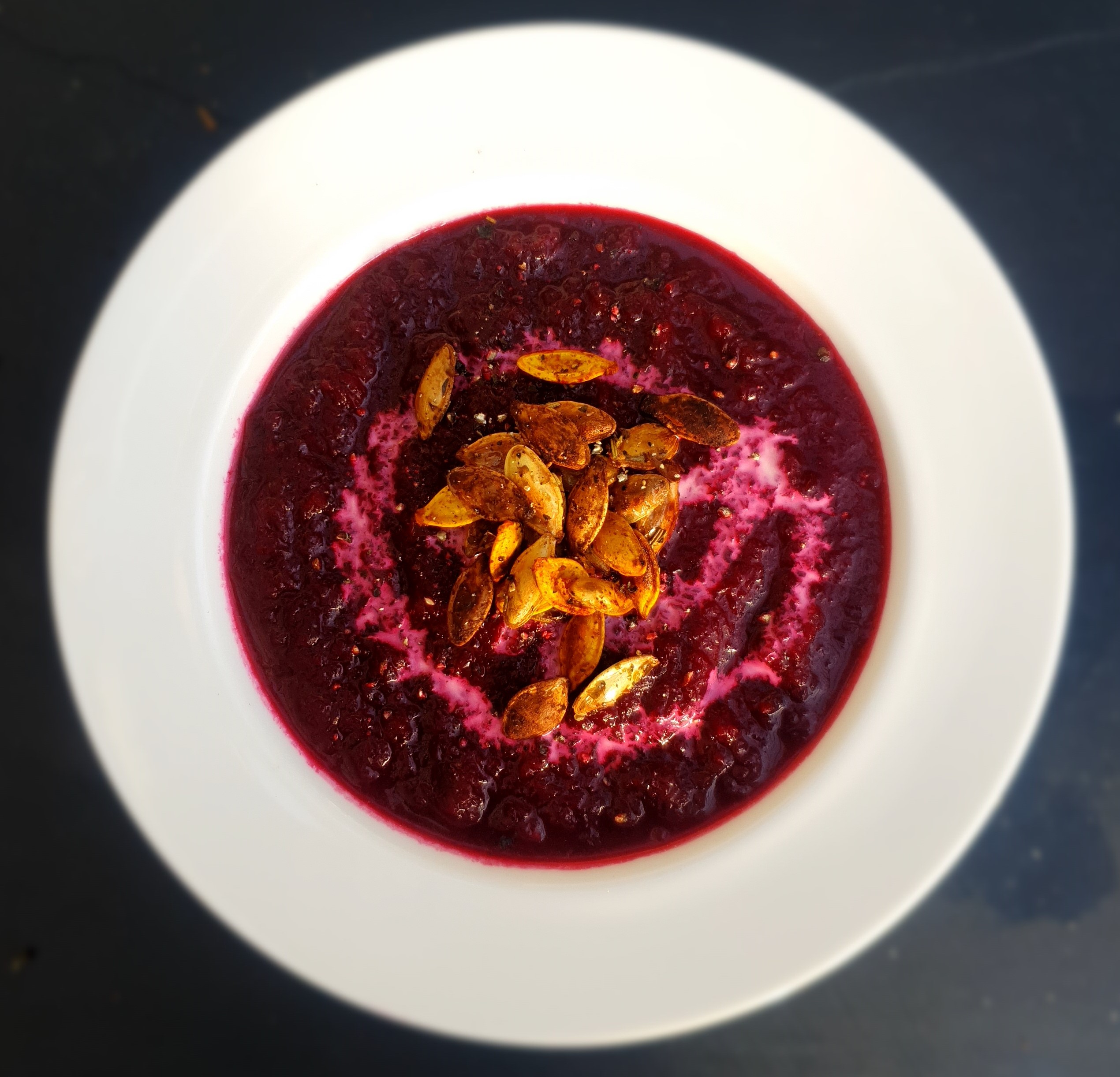 Beetroot, Carrot, Ginger & Turmeric Soup With Spiced Roasted Pumpkin Seeds