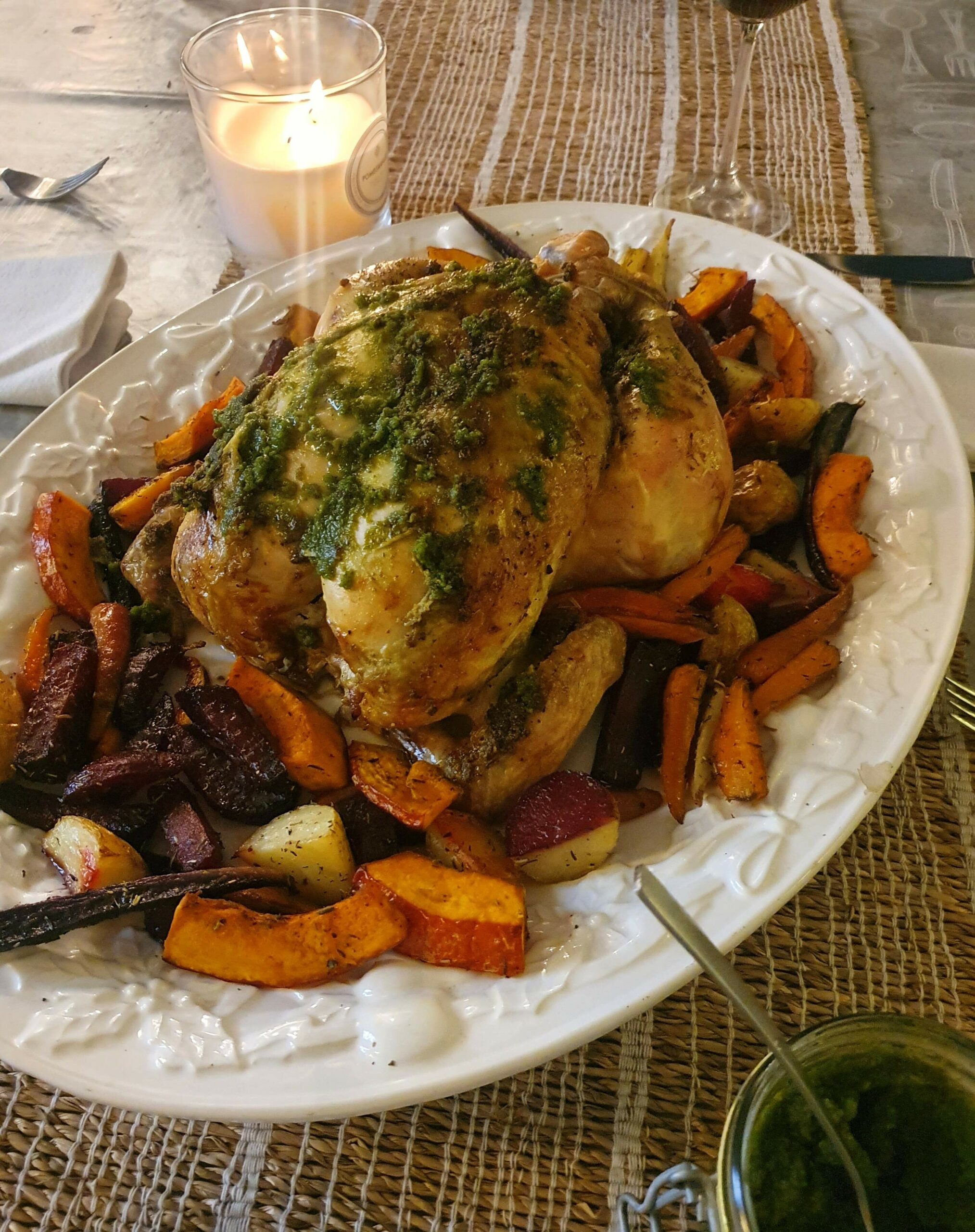 Roast Chicken With Almond Pesto & Honey-Roasted Root Veg