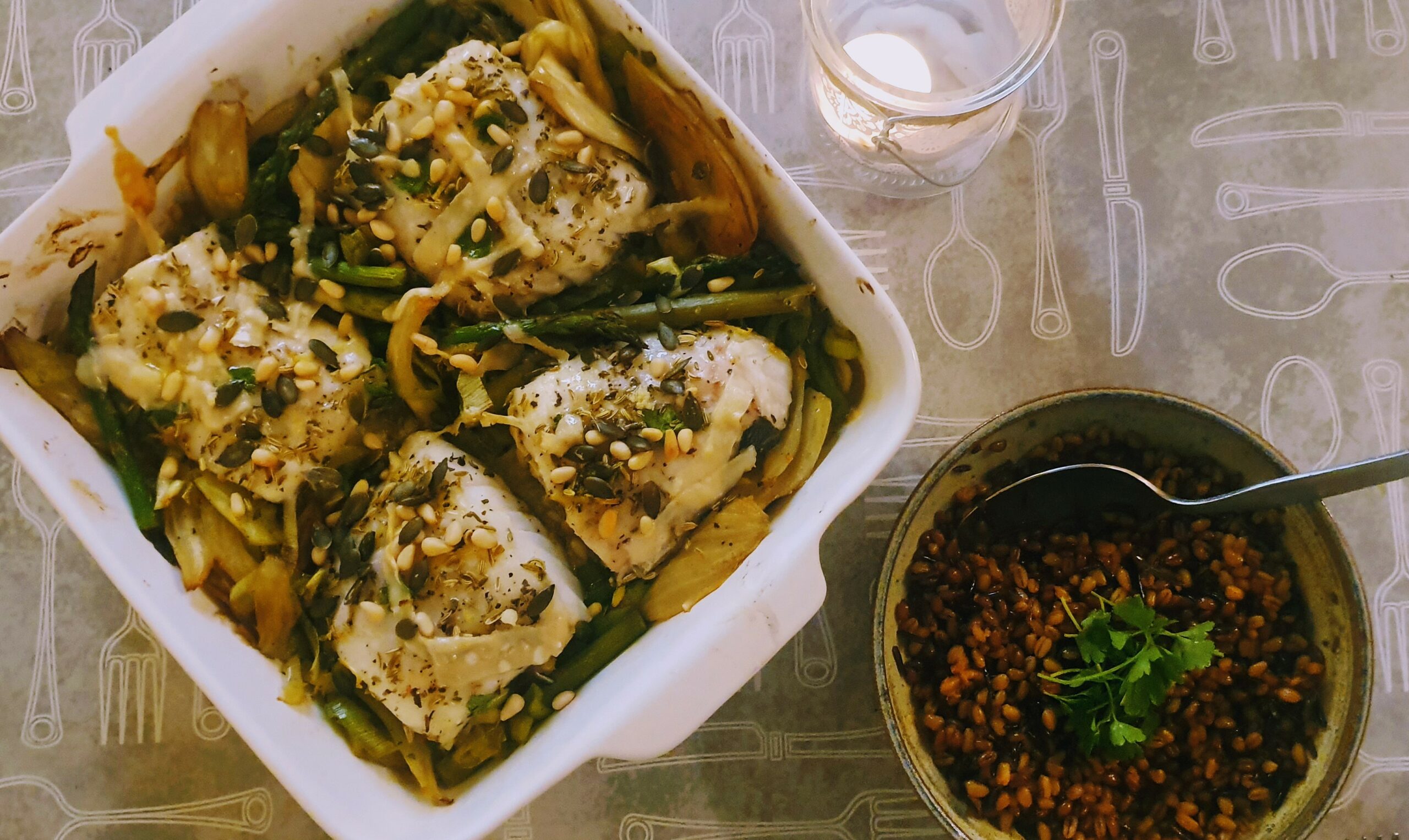 Lemon & Feta Baked Cod With Fennel, Leeks  Courgettes