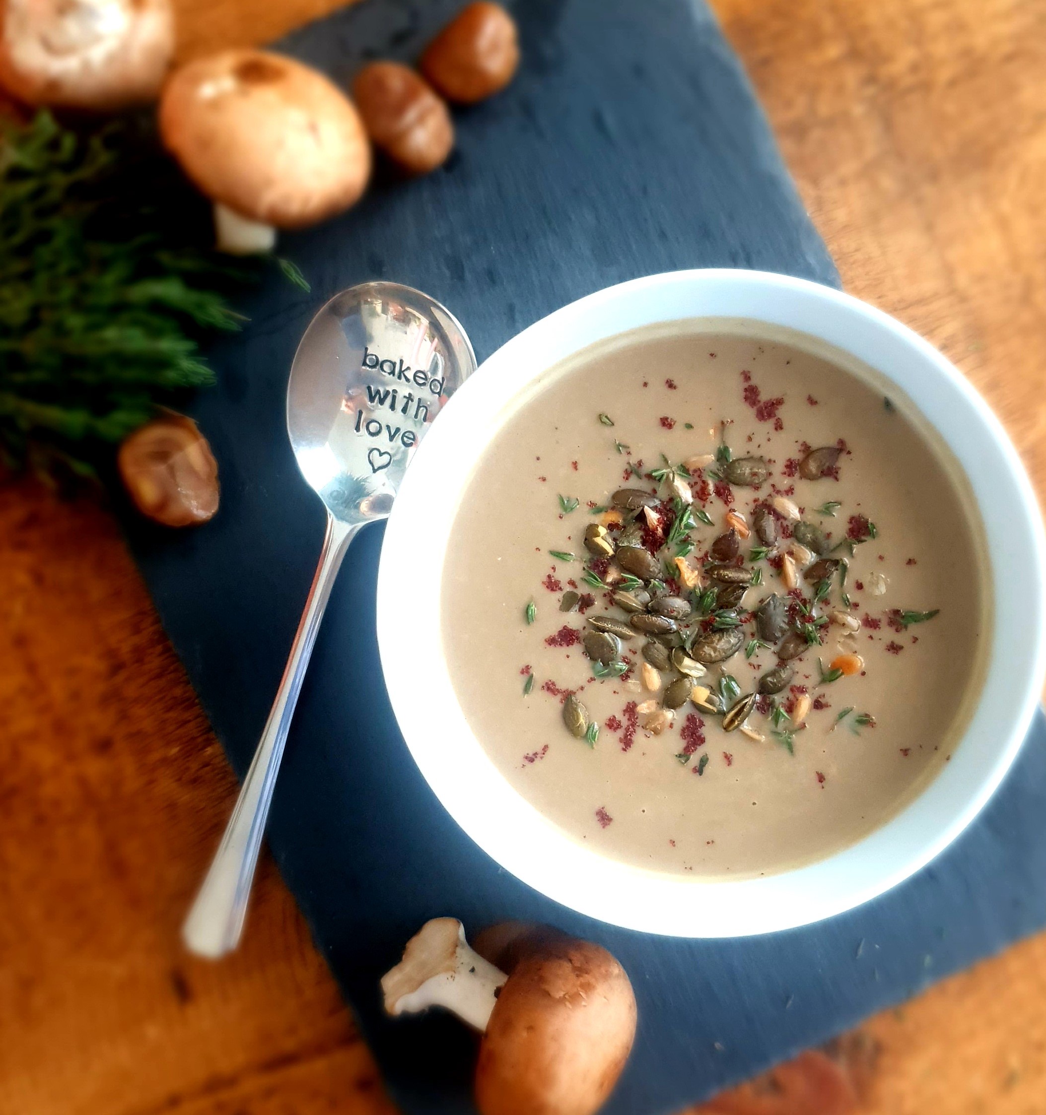 Anti-Inflammatory Mushroom, Chestnut & Almond Soup with Spelt & Toasted Seeds