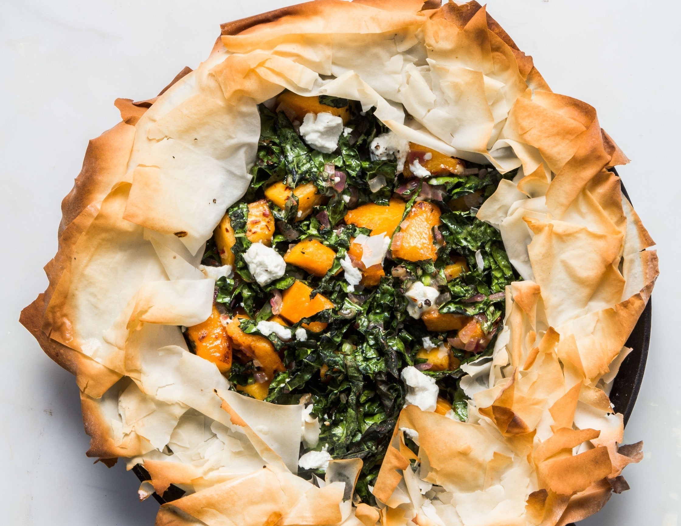 Winter Filo Tart with Squash, Cavolo Nero, Chestnuts, Walnuts & Goat's Cheese