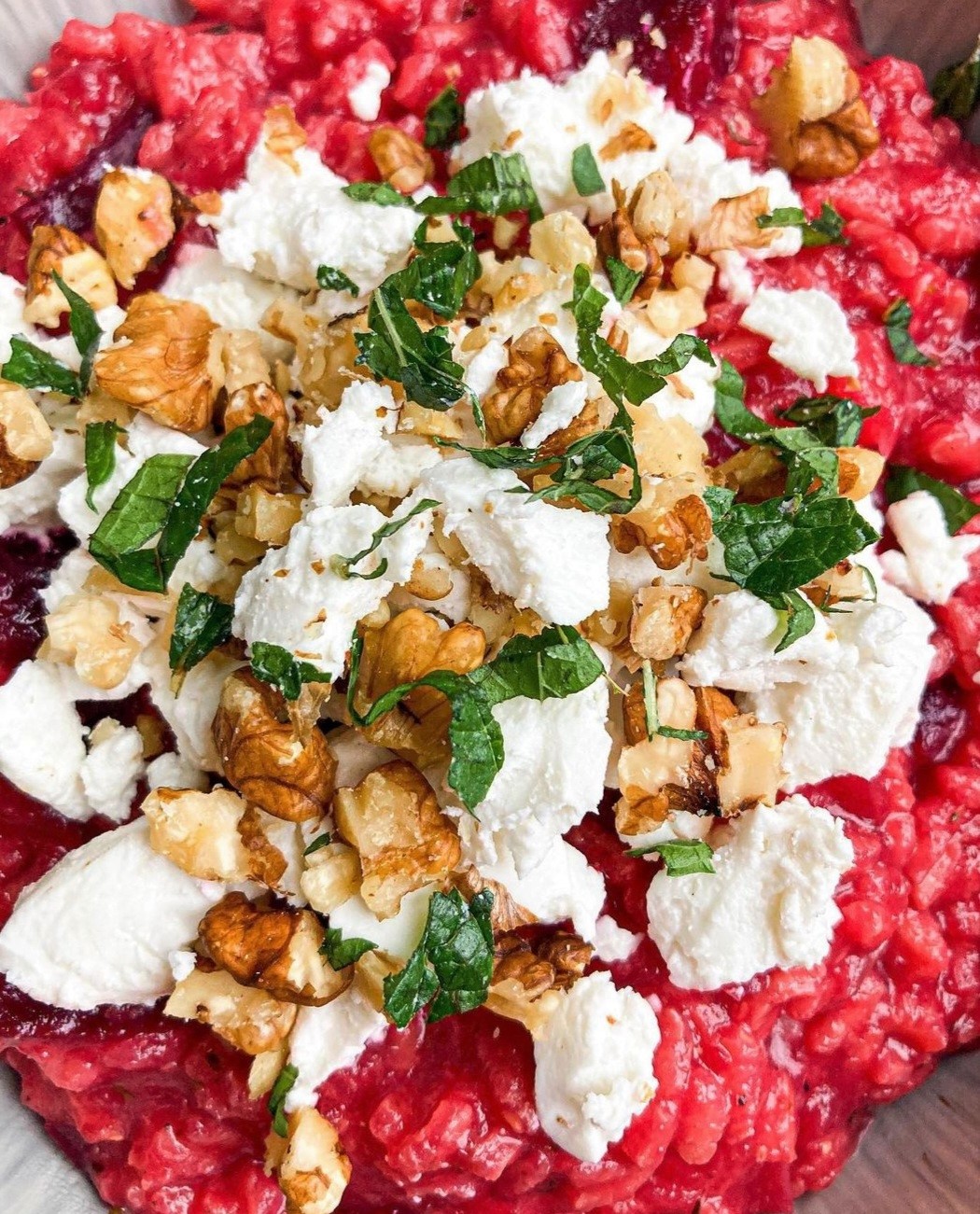 Creamy Beetroot Risotto with Crumbled Feta, Fresh Mint & Caramelised Walnuts