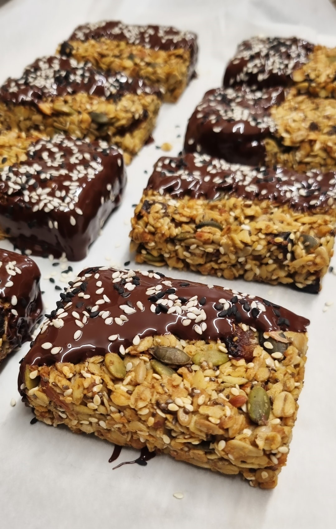 Chunky Dark Chocolate Dipped Cardamom Granola Bars