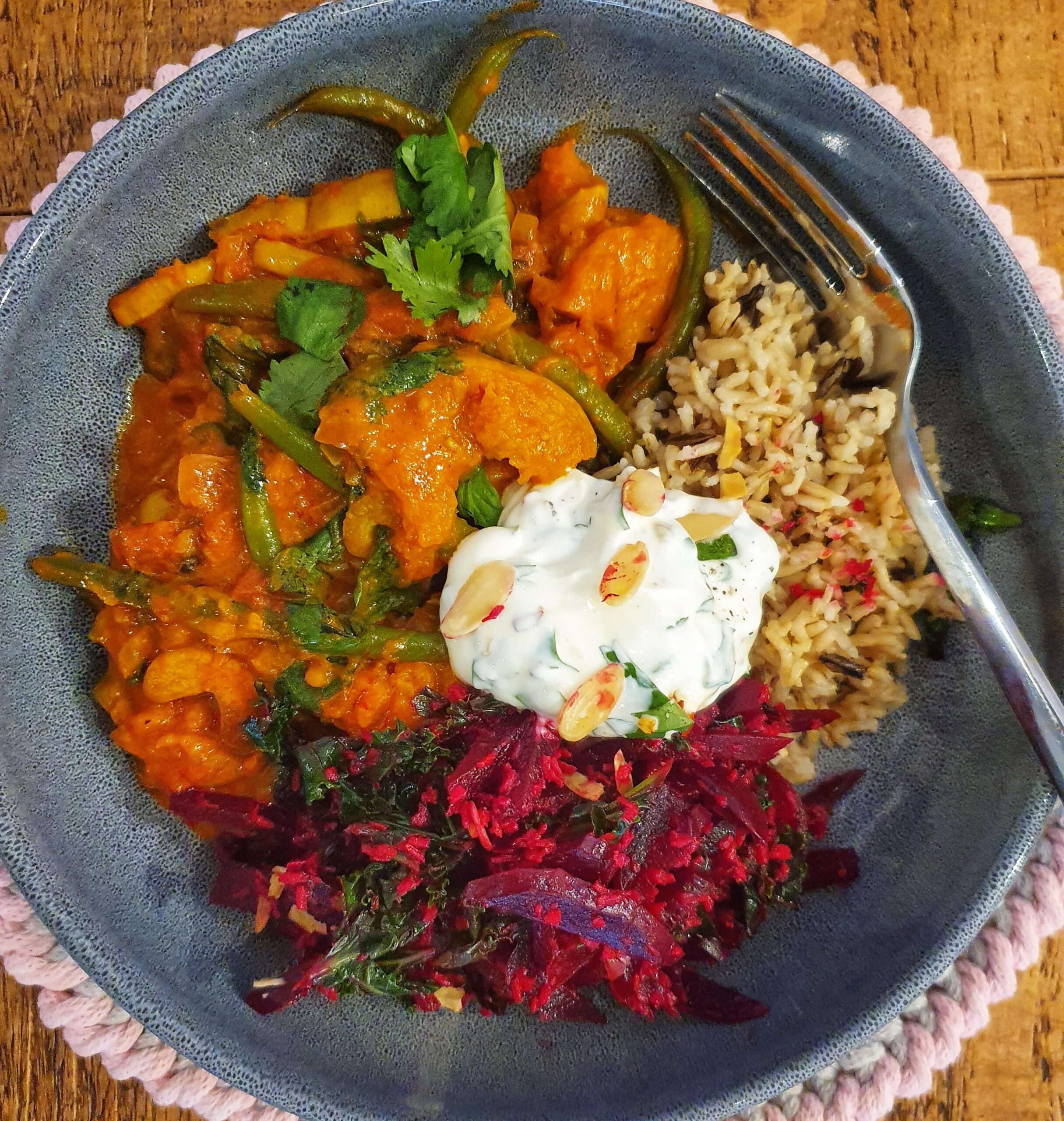 Sri Lankan Butternut, Green Bean & Cashew Curry with a vibrant Beetroot & Kale Sambol