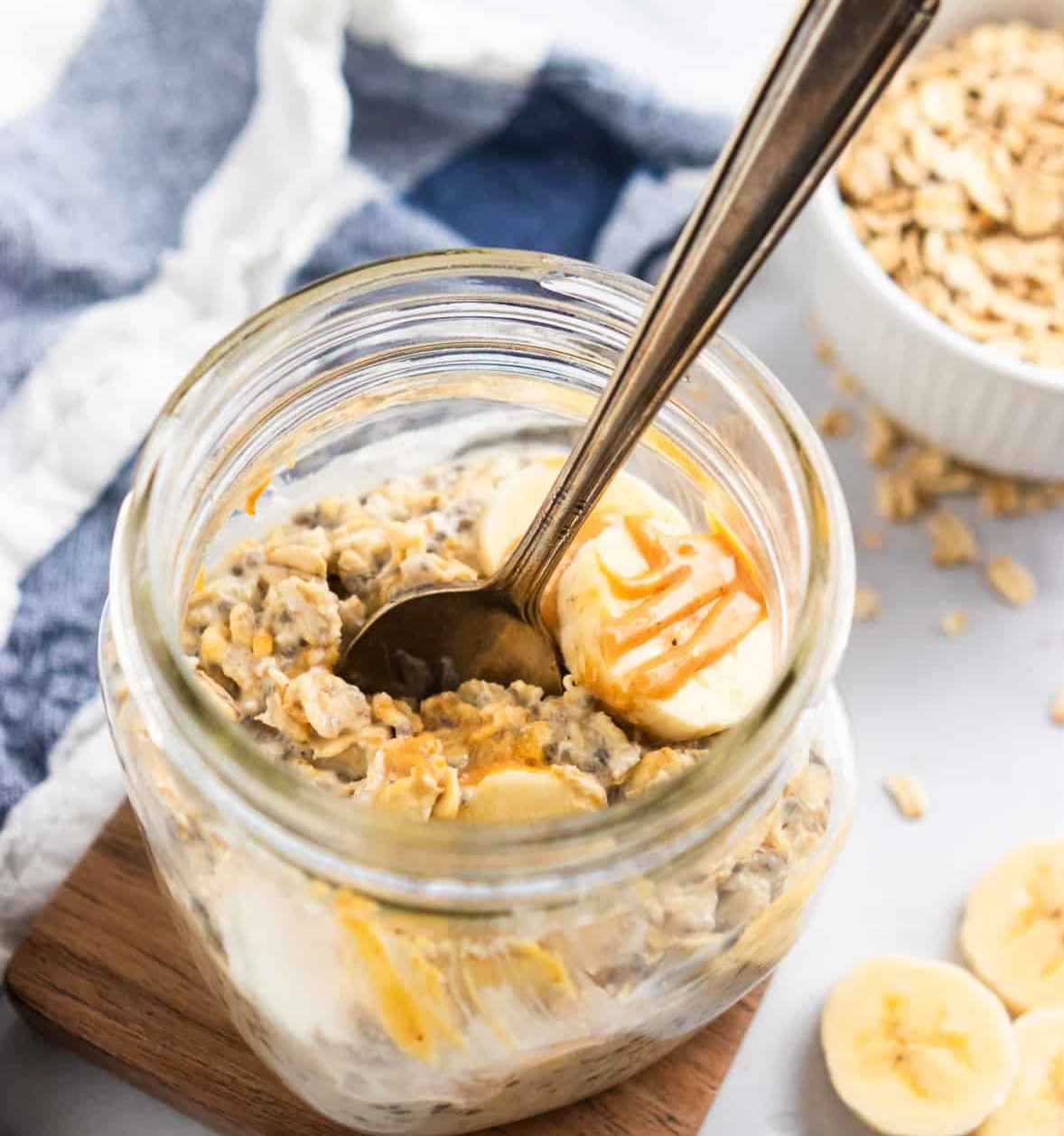 Overnight Flax & Chia Oats with Banana, Peanut Butter, Cinnamon & Toasted Seeds