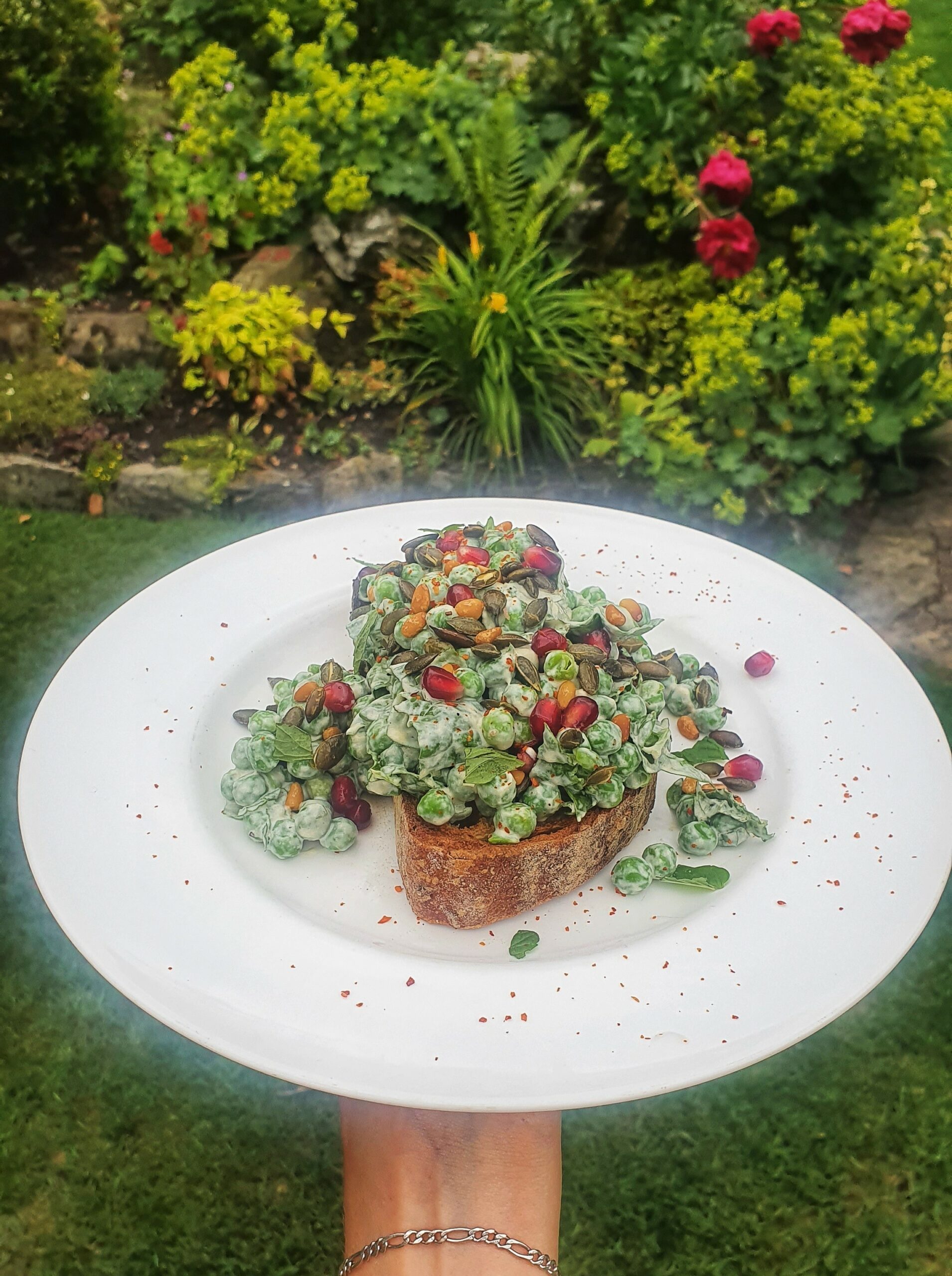 Tahini Pea, Spinach & Mint on Sourdough with Pomegranate, Chilli Flakes & Toasted Seeds