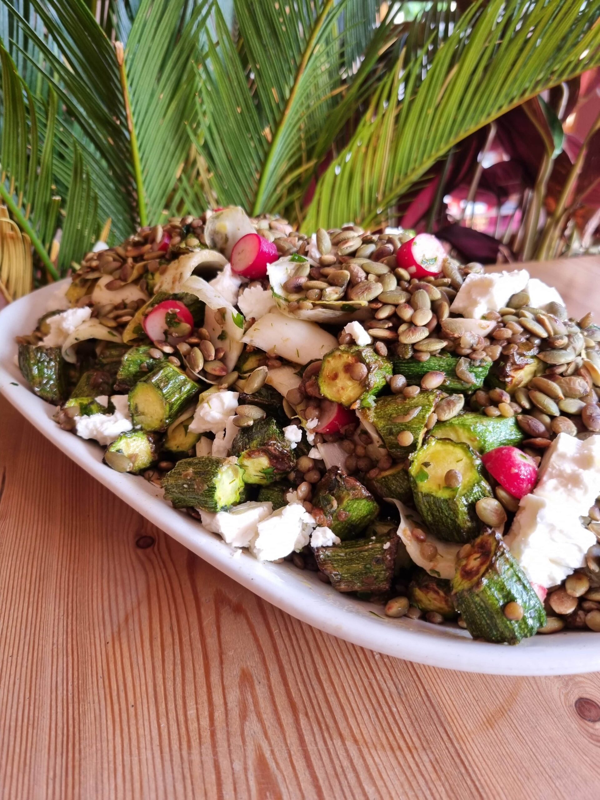 Herby Puy Lentils with Shredded Chicken, Feta, Roasted Courgette & a Tangey Lemon & Ginger Dressing