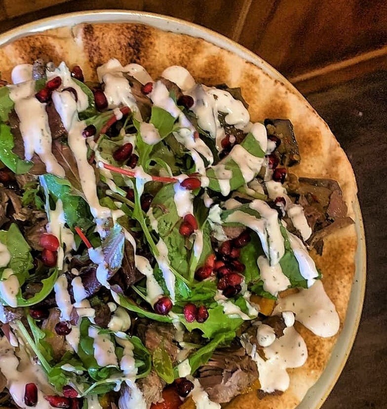 Middle-Eastern Slow-Cooked Za’atar & Honey Lamb with Homemade Flatbread, Red Cabbage Pickle, Mint Yoghurt & Pomegranate