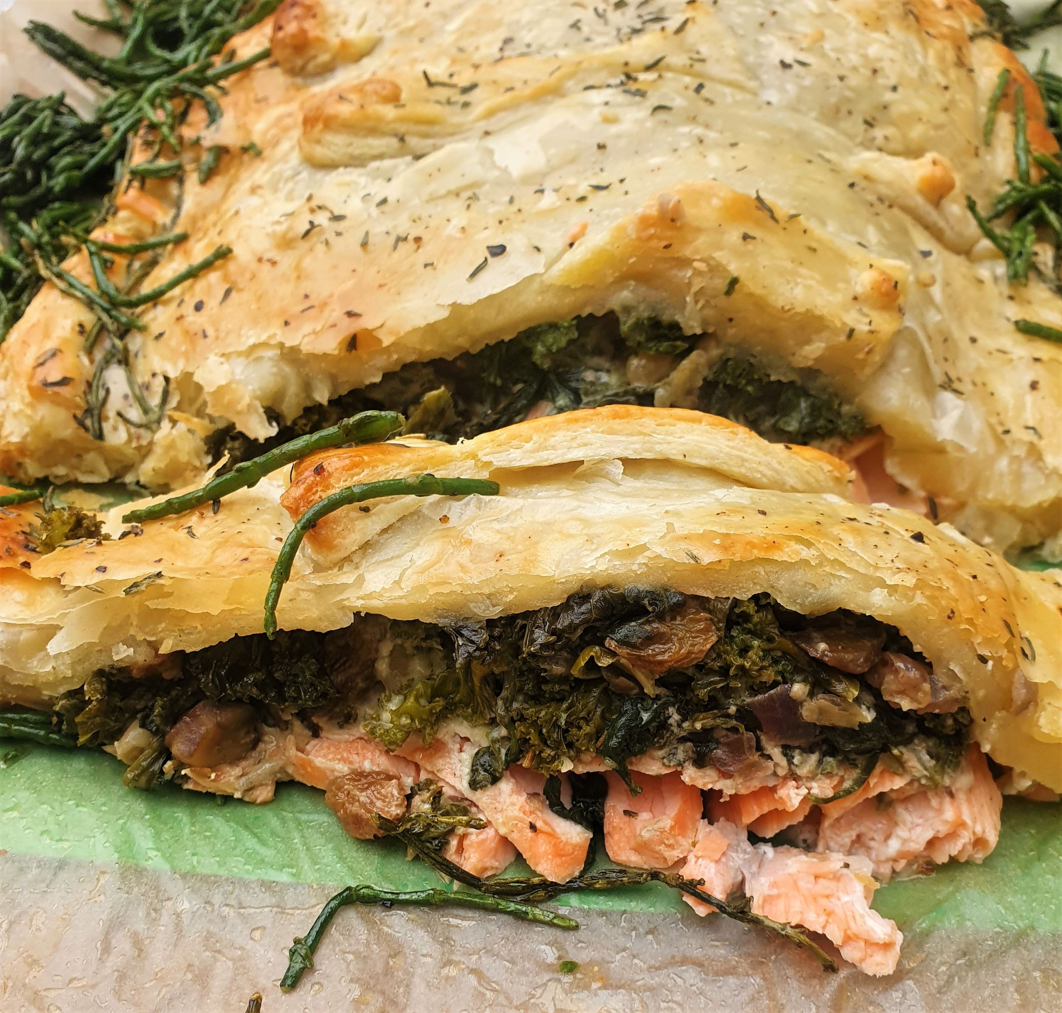 Kale, Spinach, Mushroom, Walnut & Mascarpone Salmon En Croute With Thyme & Rosemary