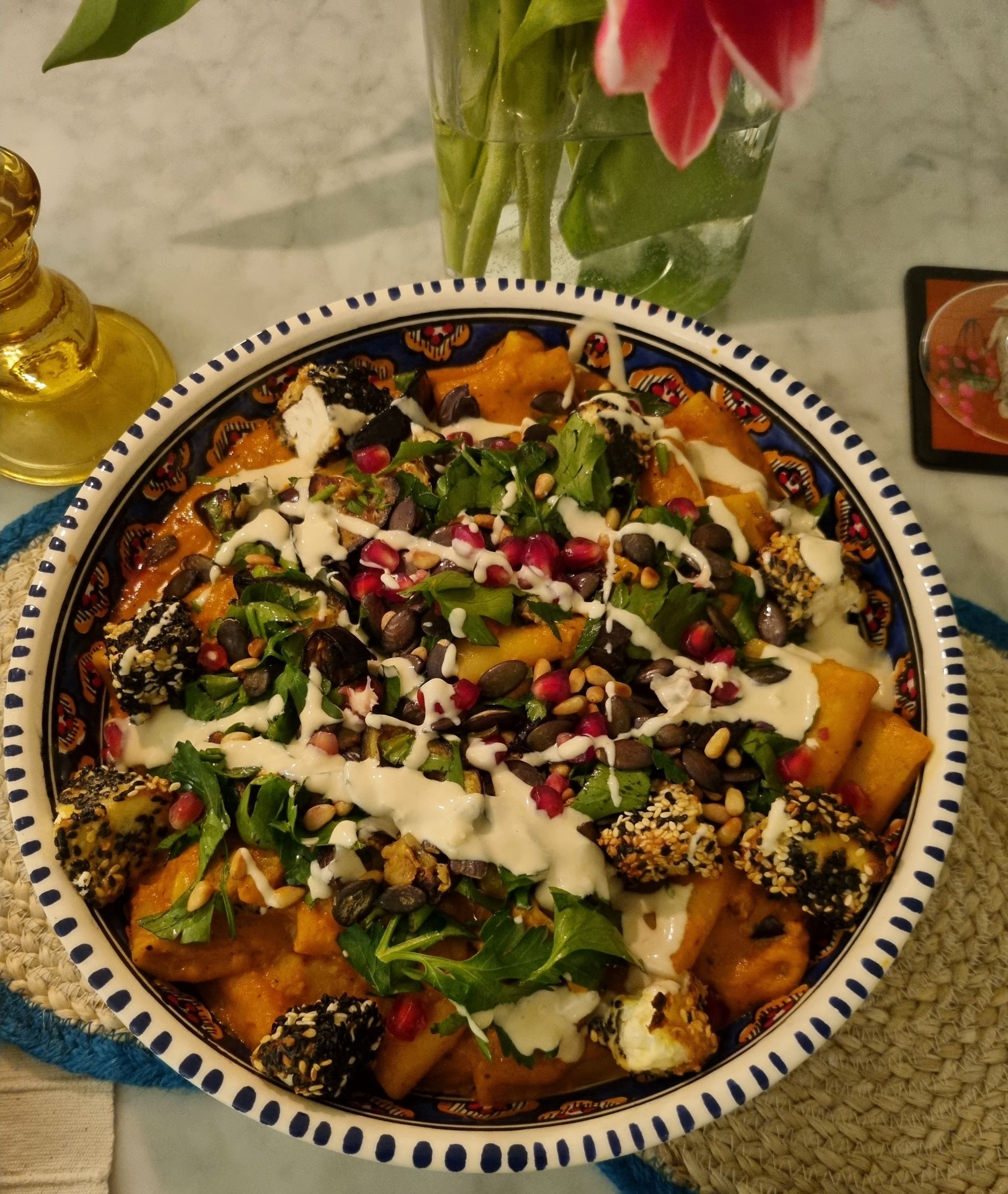 Roasted Tomato & Aubergine Pasta with Sesame-Crusted Feta, Toasted Pine Nuts & Parsley