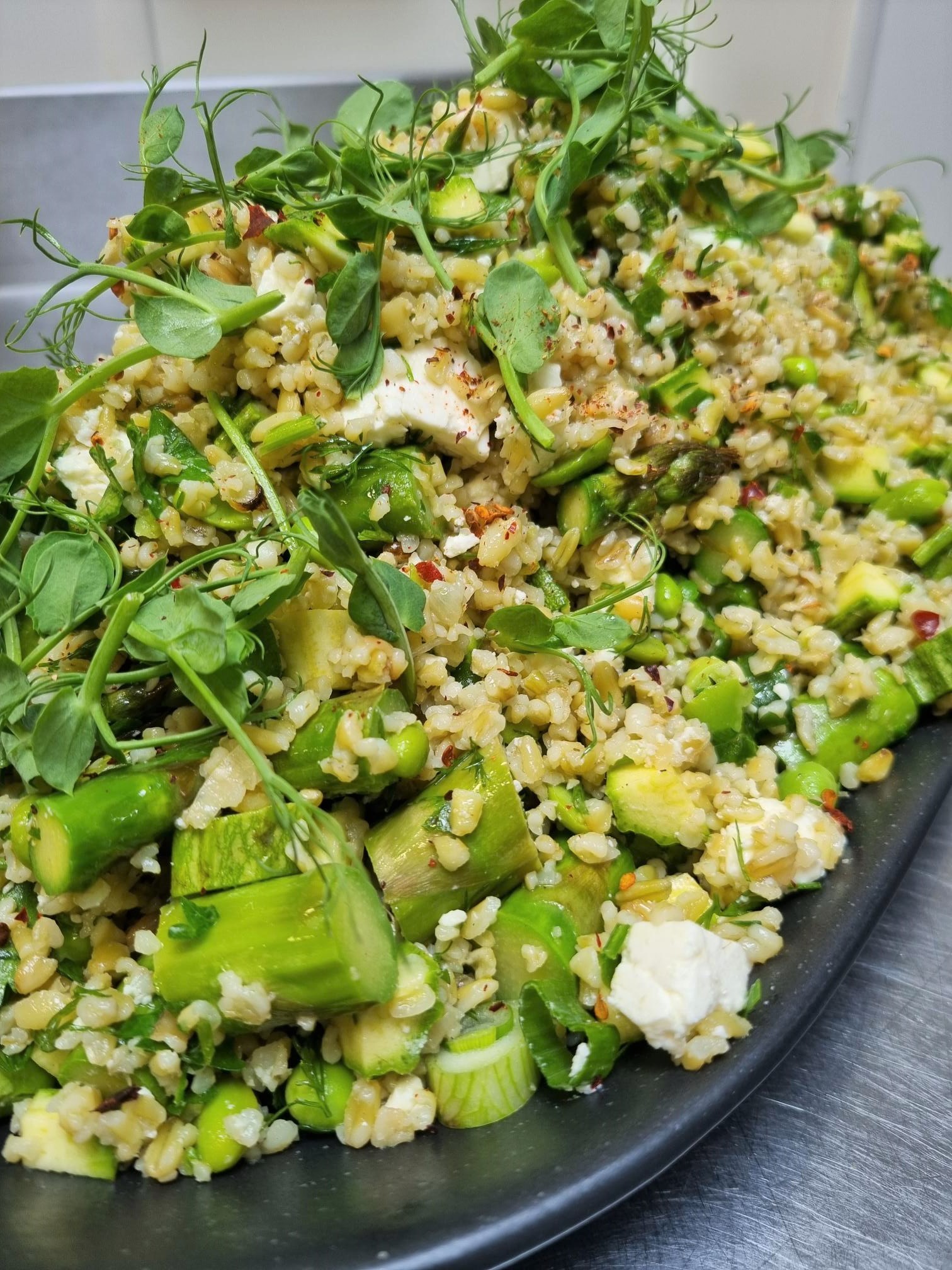 Herby Freekeh Salad With Asparagus, Broad Beans, Peas, Courgettes, Dill & Parsley