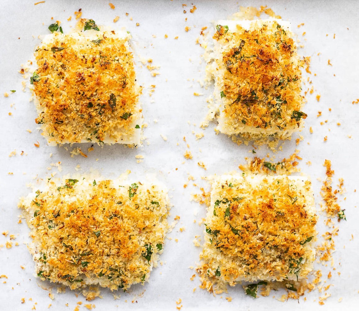 Crusted Lemon Cod With Herby Cream Cheese, And A Sourdough, Parmesan & Parsley Breadcrumb