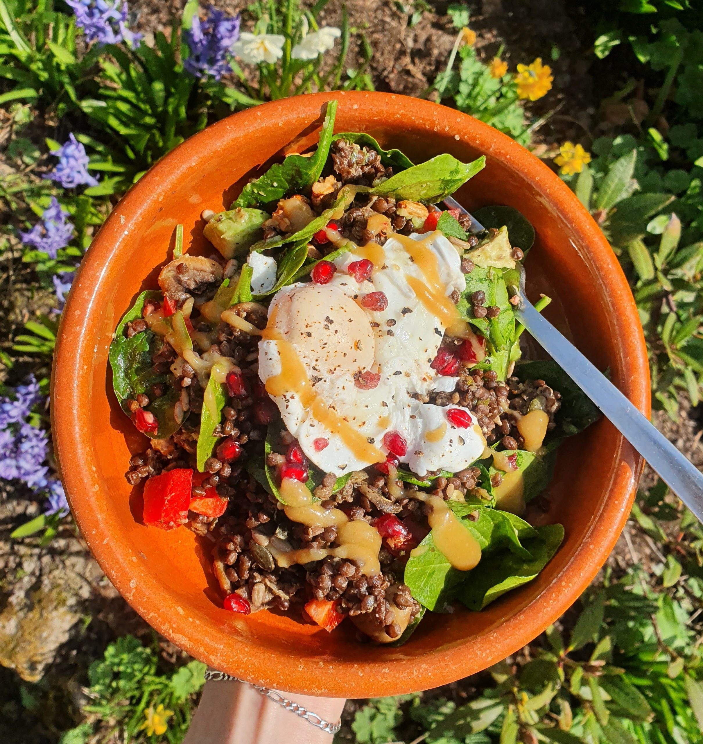 Warm Lentil, Poached Egg & Vegetable Breakfast Bowl