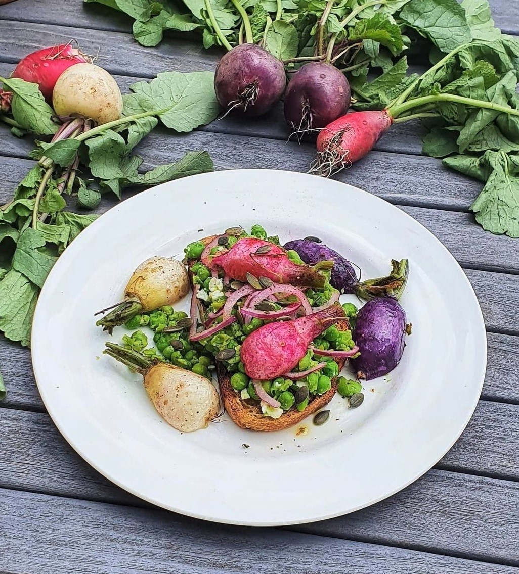 Roasted Radishes On Toast With Garden Peas, Feta, Mint & Seeds