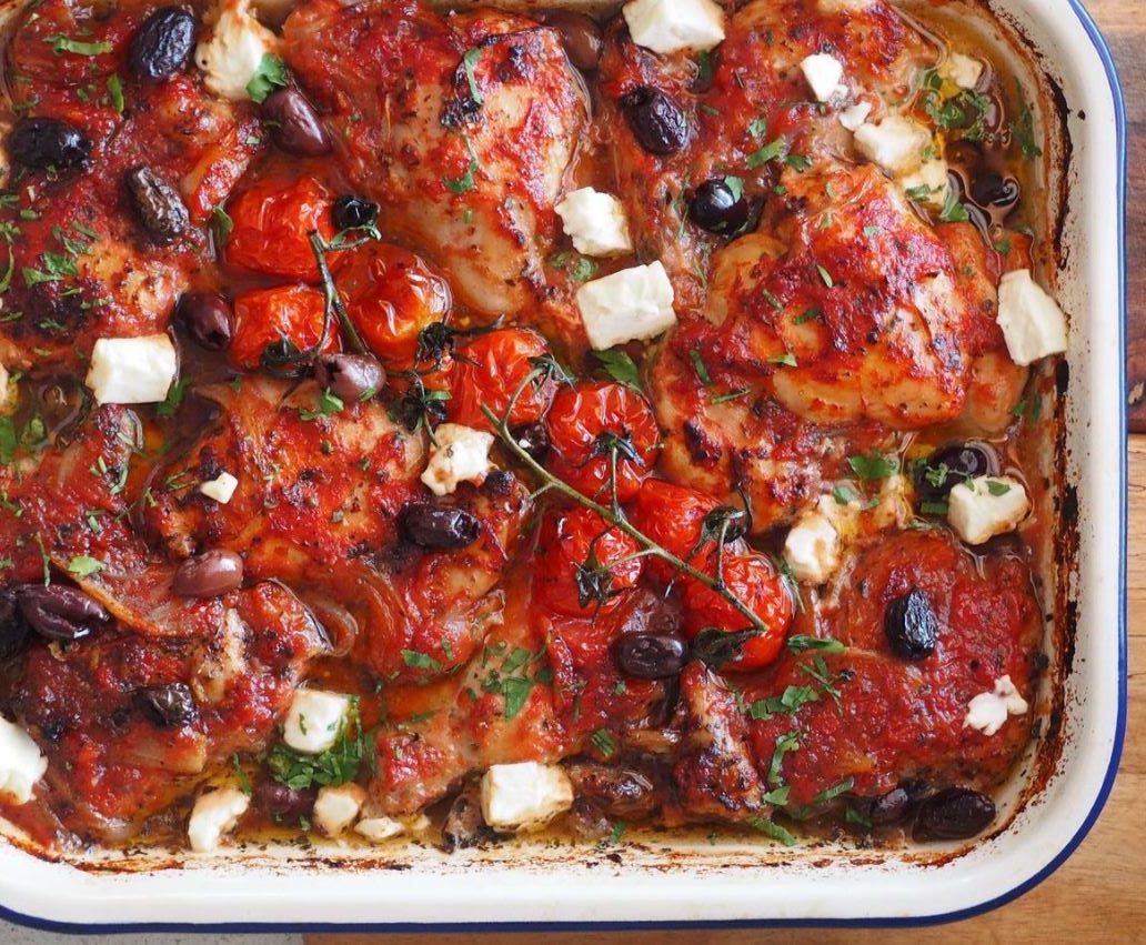 Mediterranean Chicken Puttanesca Traybake with Olives, Feta & Oregano￼