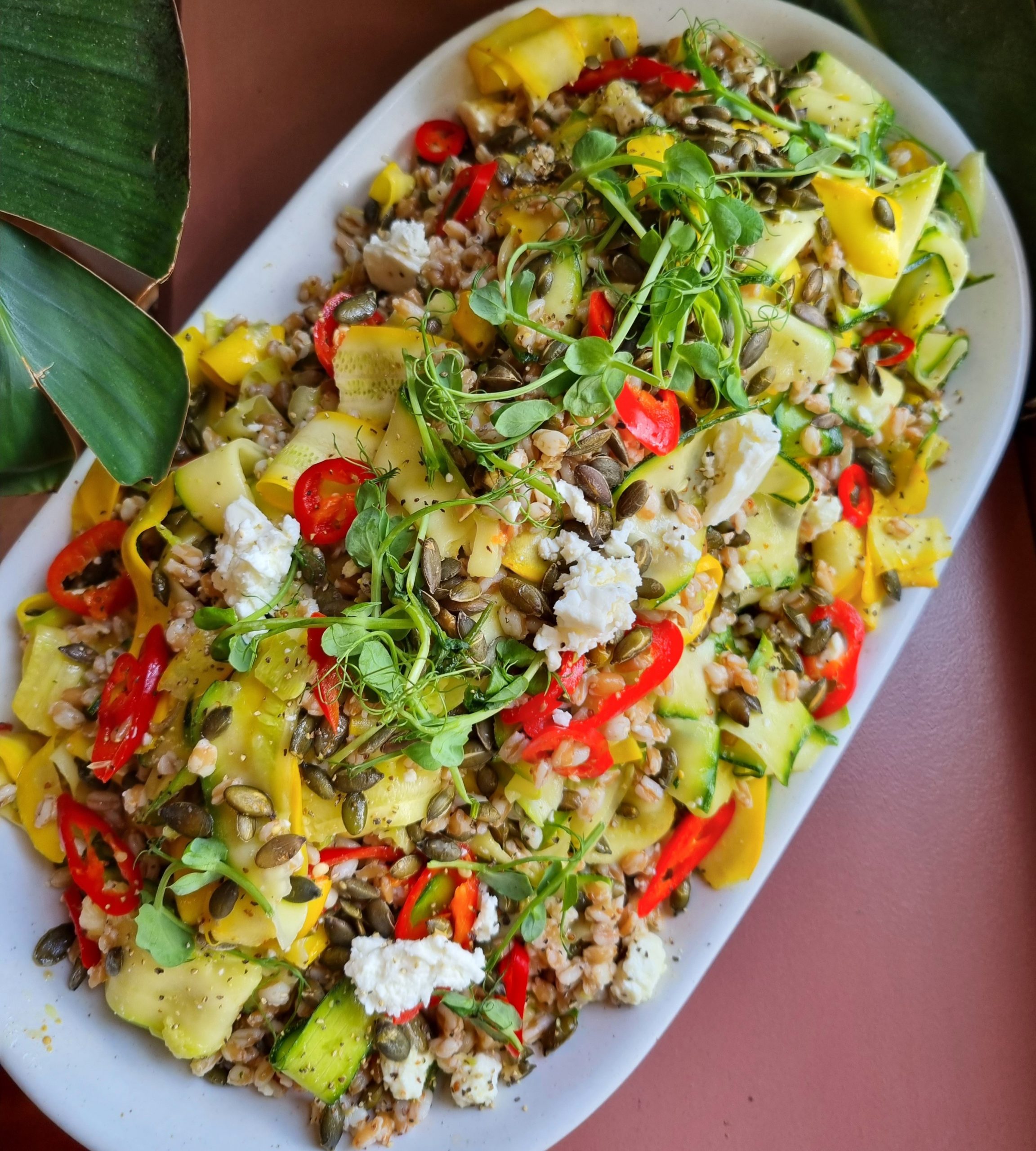 Zingy Zucchini Ribbon Salad with Quinoa, Feta and Toasted Pumpkin Seeds