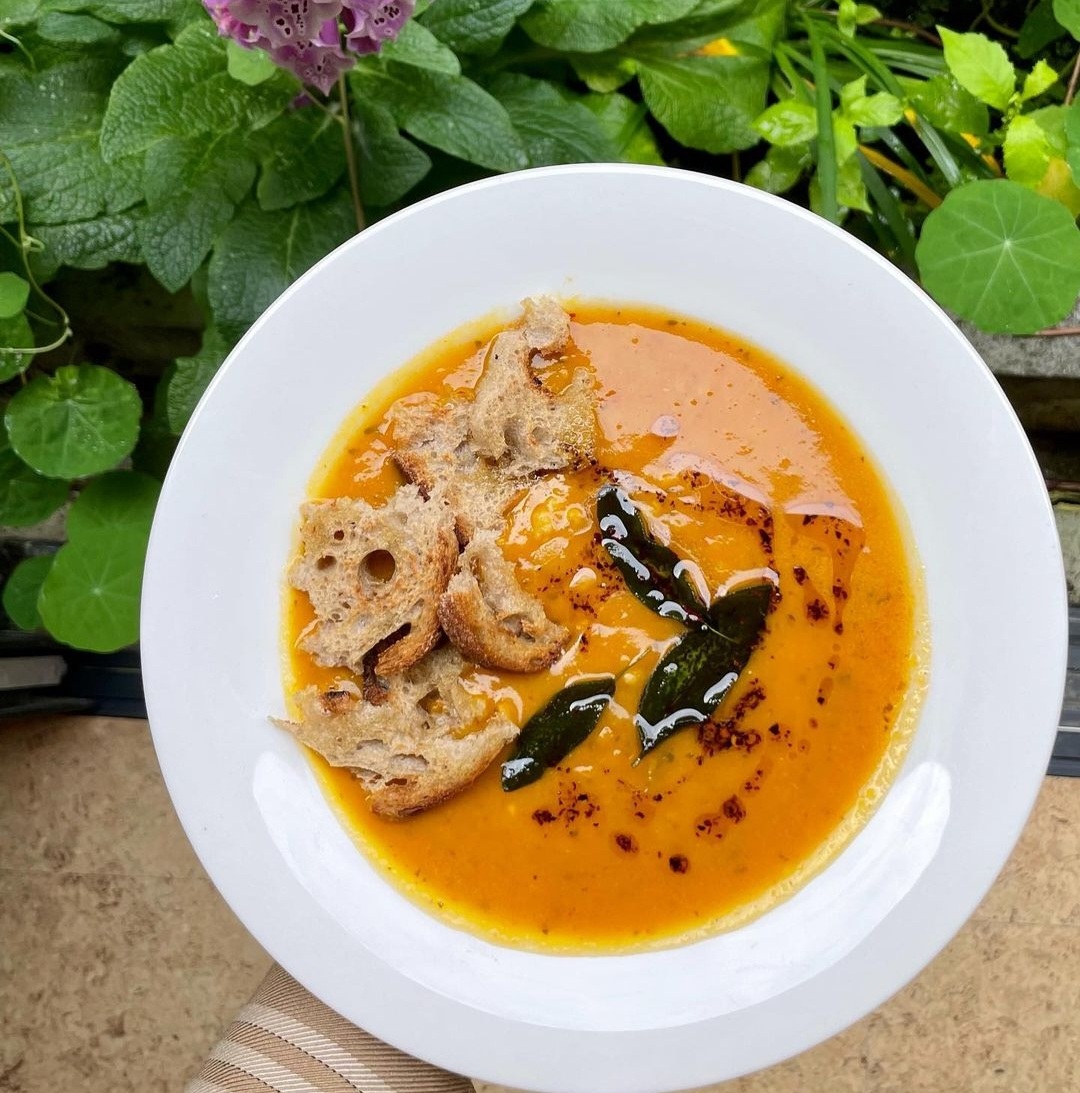 Spiced Pumpkin, Red Lentil and Sage Soup with Sourdough Croutons