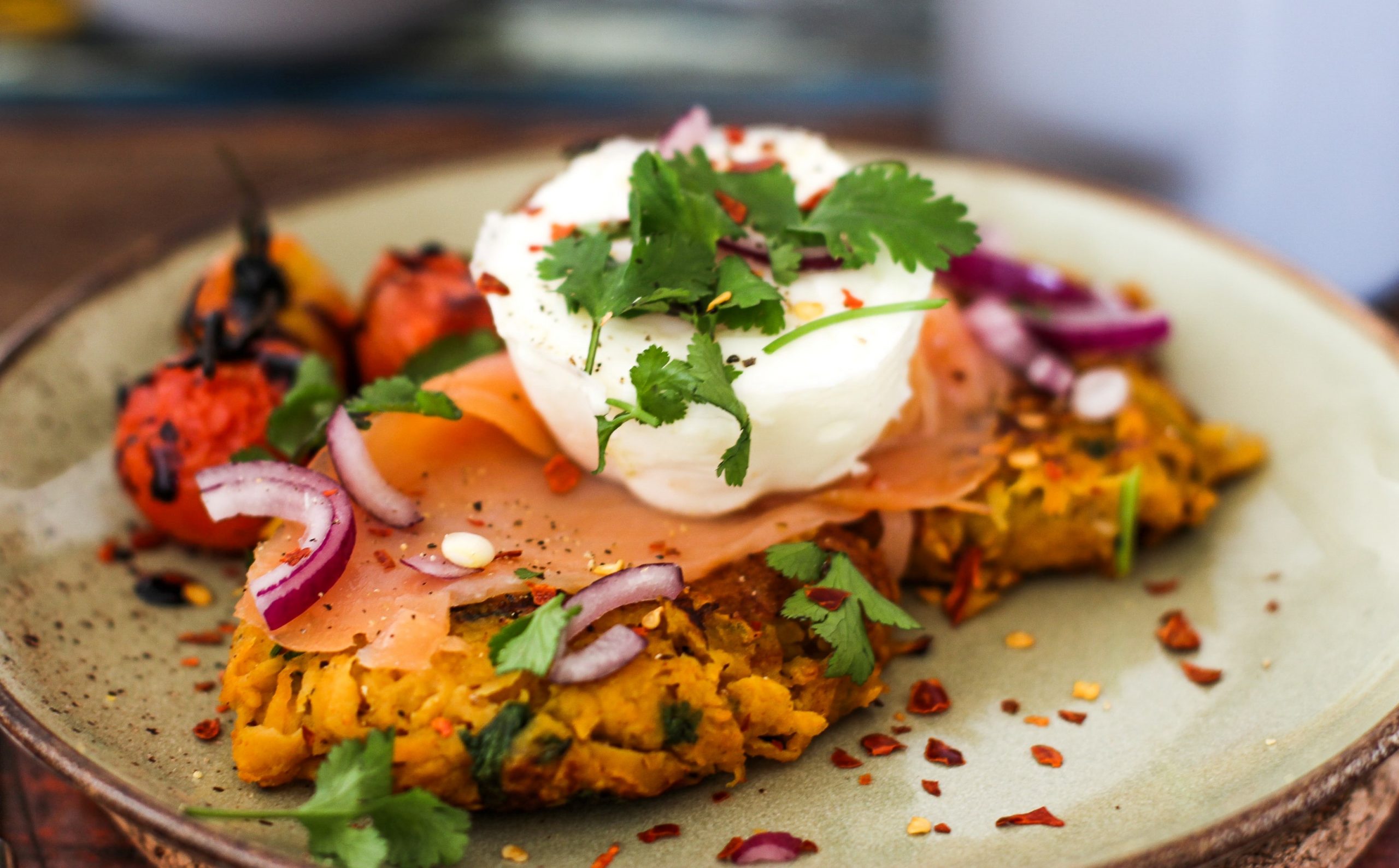 Sweet Potato Rosti Breakfast Stack with Smoked Salmon and Poached Egg